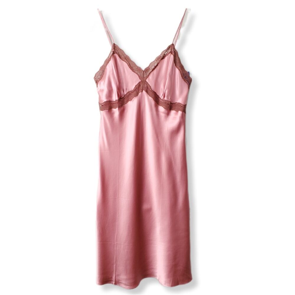 Pink Brown Silk Satin Lace Slip Dress M Retro Lingerie Coquette Romance Y2K 2016